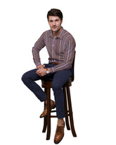 BLUE, WHITE & BROWN THICK STRIP LINE COTTON SHIRT